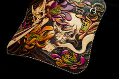 Handmade Leather Tooled Skull Mens Chain Biker Wallet Cool Leather Wallet With Chain Wallets for Men