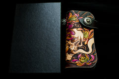 Handmade Leather Tooled Skull Mens Chain Biker Wallet Cool Leather Wallet With Chain Wallets for Men