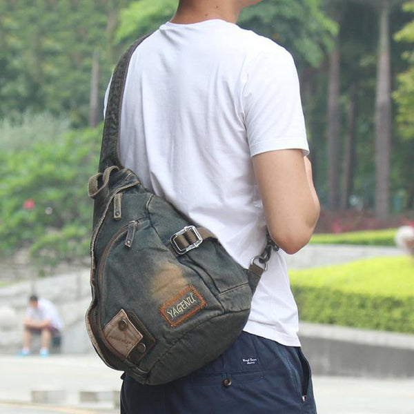 Denim Mens Large Sling Bag Blue Chest Bag Jean One Shoulder Backpacks For Men - iwalletsmen