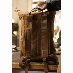Khaki Oiled Wax Canvas Mens Rollup Backpack Travel Backpack Hiking Backpack Outdoor Backpack For Men - iwalletsmen