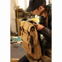 Khaki Oiled Wax Canvas Mens Rollup Backpack Travel Backpack Hiking Backpack Outdoor Backpack For Men - iwalletsmen