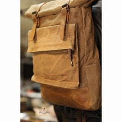 Khaki Oiled Wax Canvas Mens Rollup Backpack Travel Backpack Hiking Backpack Outdoor Backpack For Men - iwalletsmen