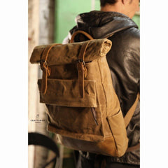 Khaki Oiled Wax Canvas Mens Rollup Backpack Travel Backpack Hiking Backpack Outdoor Backpack For Men - iwalletsmen