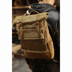 Khaki Oiled Wax Canvas Mens Rollup Backpack Travel Backpack Hiking Backpack Outdoor Backpack For Men - iwalletsmen