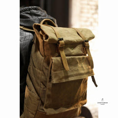 Khaki Oiled Wax Canvas Mens Rollup Backpack Travel Backpack Hiking Backpack Outdoor Backpack For Men - iwalletsmen