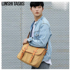 Khaki Canvas Leather Mens Casual Briefcase Shoulder Bag Messenger Bags Casual Courier Bags for Men - iwalletsmen
