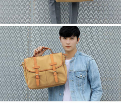 Khaki Canvas Leather Mens Casual Briefcase Shoulder Bag Messenger Bags Casual Courier Bags for Men - iwalletsmen