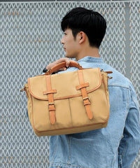 Khaki Canvas Leather Mens Casual Briefcase Shoulder Bag Messenger Bags Casual Courier Bags for Men - iwalletsmen