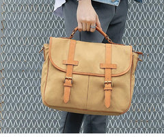 Khaki Canvas Leather Mens Casual Briefcase Shoulder Bag Messenger Bags Casual Courier Bags for Men - iwalletsmen