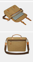 Khaki Canvas Leather Mens Casual Briefcase Shoulder Bag Messenger Bags Casual Courier Bags for Men - iwalletsmen