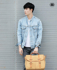 Khaki Canvas Leather Mens Casual Briefcase Shoulder Bag Messenger Bags Casual Courier Bags for Men - iwalletsmen