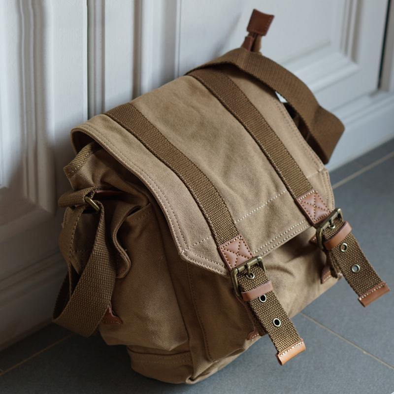 Khaki Canvas Messenger Bag Crossbody Bag Khaki Canvas Shoulder Bag Mens Cycling Bag For Men - iwalletsmen