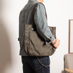 Khaki Canvas&Leather Mens Tote Handbag Messenger Bags Shoulder Tote Bag For Women