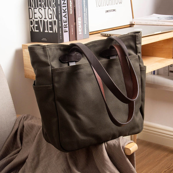 Green Canvas&Leather Mens Tote Handbag Messenger Bags Shoulder Tote Bag For Women