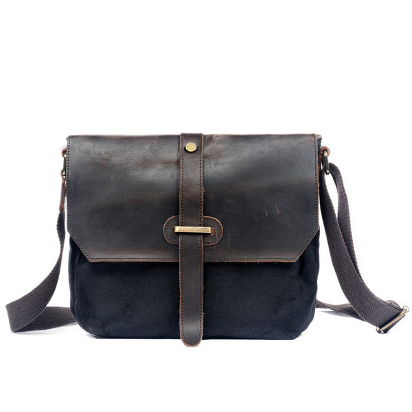 Black Leather Canvas Shoulder Bag Mens Cycling Black Canvas Small Messenger Bag For Men - iwalletsmen