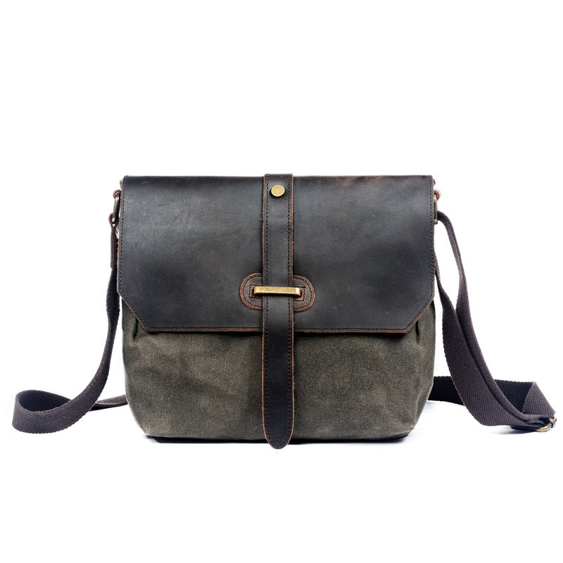 Khaki Leather Canvas Shoulder Bag Mens Cycling Khaki Canvas Small Messenger Bag For Men - iwalletsmen