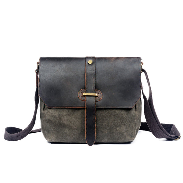 Green Leather Canvas Shoulder Bag Mens Cycling Green Canvas Small Messenger Bag For Men - iwalletsmen