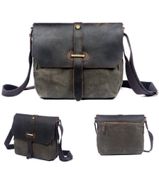 Green Leather Canvas Shoulder Bag Mens Cycling Green Canvas Small Messenger Bag For Men - iwalletsmen