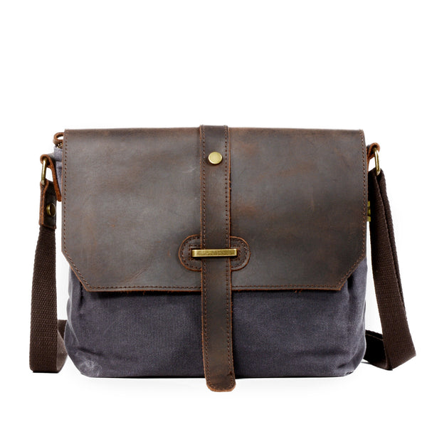 Gray Leather Canvas Shoulder Bag Mens Cycling Gray Canvas Small Messenger Bag For Men - iwalletsmen