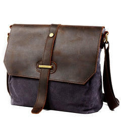 Gray Leather Canvas Shoulder Bag Mens Cycling Gray Canvas Small Messenger Bag For Men - iwalletsmen