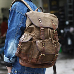 Coffee Waxed Canvas Travel Backpack Canvas Mens Coffee Laptop Backpack Hiking Backpack For Men - iwalletsmen