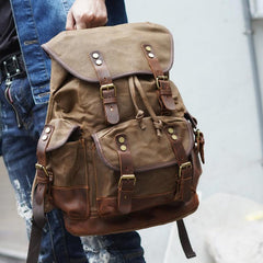 Coffee Waxed Canvas Travel Backpack Canvas Mens Coffee Laptop Backpack Hiking Backpack For Men - iwalletsmen