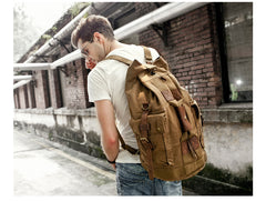 Khaki CANVAS Barrel MENS 20'' Bucket BACKPACK Brown Travel Backpack Khaki One Shoulder Hiking Bag For Men FOR MEN - iwalletsmen