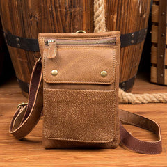 Cool Khaki Leather Mens Casual Waist Bag Belt Pouch Mini Messenger Bags Side Bag for Men - iwalletsmen