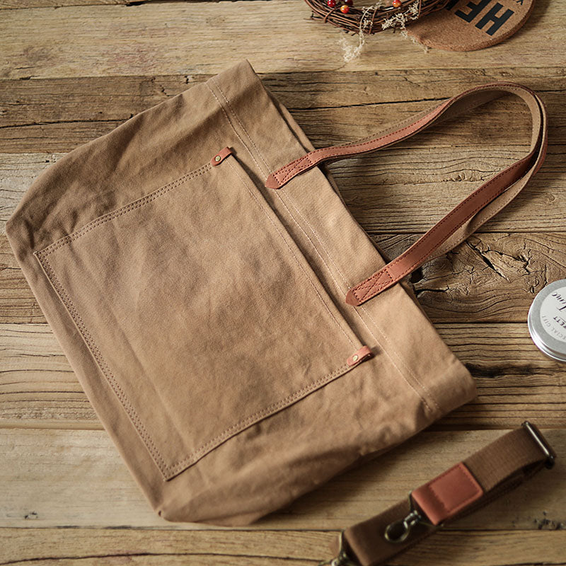 Khaki Vintage Canvas Men Womens Large Tote Bag Green Canvas  display picture 1