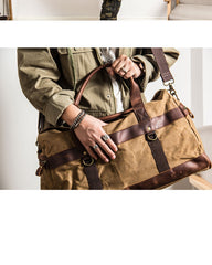 Khaki Waxed Canvas Leather Mens Waterproof Large Weekender Bag Travel Bag Luggage Bag for Men - iwalletsmen