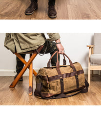 Khaki Waxed Canvas Leather Mens Waterproof Large Weekender Bag Travel Bag Luggage Bag for Men - iwalletsmen