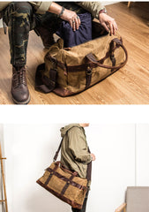 Khaki Waxed Canvas Leather Mens Waterproof Large Weekender Bag Travel Bag Luggage Bag for Men - iwalletsmen
