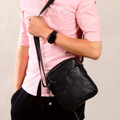 Black Leather Mens Tablet Messenger Bag Small Side Bag Black Shoulder Bag For Men - iwalletsmen