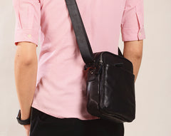 Black Leather Mens Tablet Messenger Bag Small Side Bag Black Shoulder Bag For Men - iwalletsmen