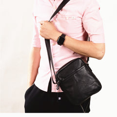 Black Leather Mens Tablet Messenger Bag Small Side Bag Black Shoulder Bag For Men - iwalletsmen