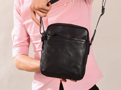 Black Leather Mens Tablet Messenger Bag Small Side Bag Black Shoulder Bag For Men - iwalletsmen