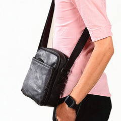 Black Leather Mens Tablet Messenger Bag Small Side Bag Black Shoulder Bag For Men - iwalletsmen