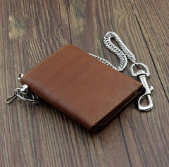 Badass Brown Leather Men's Trifold Small Biker Wallet Chain Wallet Wallet with chain For Men - iwalletsmen