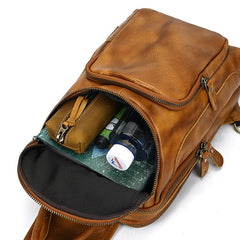Coffee LEATHER MENS Sling Bag Best One Shoulder Backpack Top Chest Bag For Men