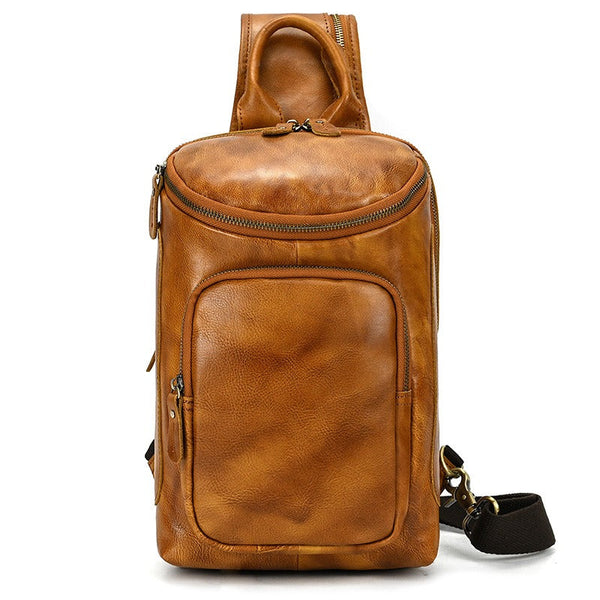 Tan LEATHER MENS Sling Bag Best One Shoulder Backpack Top Chest Bag For Men