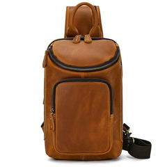 Tan LEATHER MENS Sling Bag Best One Shoulder Backpack Top Chest Bag For Men