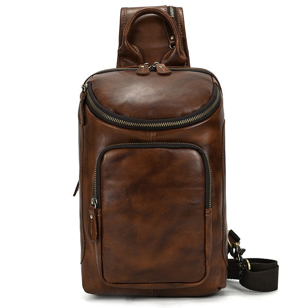 Coffee LEATHER MENS Sling Bag Best One Shoulder Backpack Top Chest Bag For Men