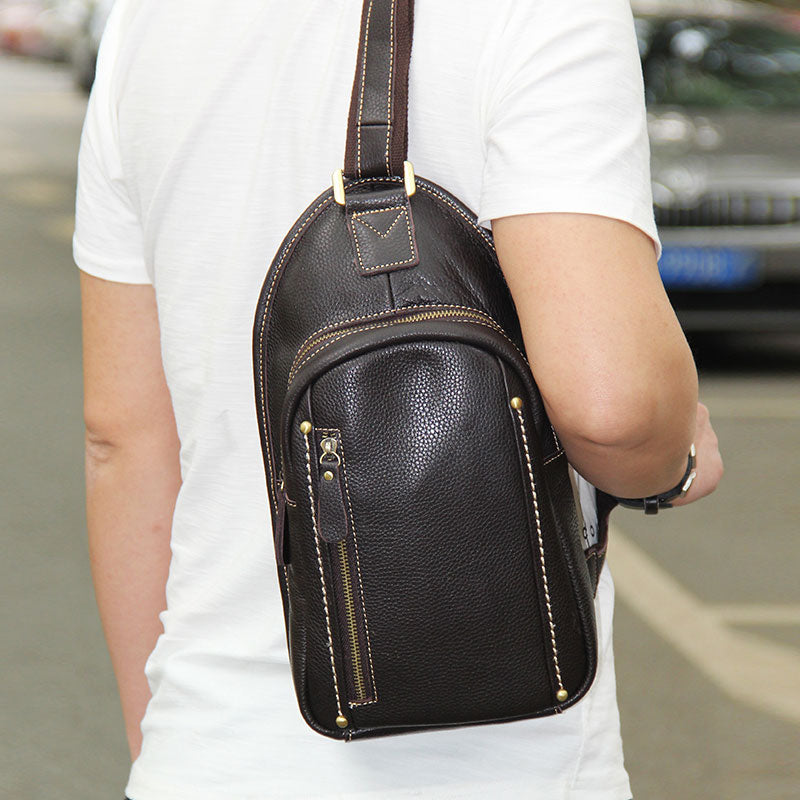 Leather Mens Sling Bag Black Coffee Crossbody Sling Pack Chest Bag For Men