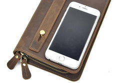 LEATHER MENS Wristlet Wallet Double Zipper Vintage Coffee Clutch FOR MEN - iwalletsmen