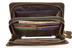 LEATHER MENS Wristlet Wallet Double Zipper Vintage Coffee Clutch FOR MEN - iwalletsmen