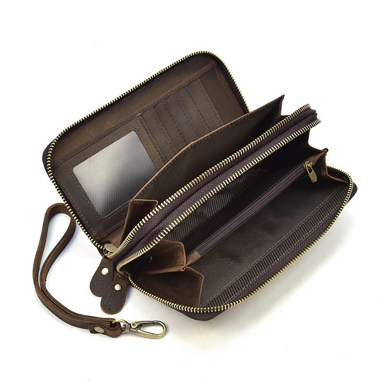 LEATHER MENS Wristlet Wallet Double Zipper Vintage Coffee Clutch FOR MEN - iwalletsmen