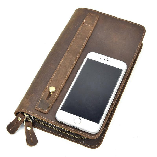 LEATHER MENS Wristlet Wallet Double Zipper Vintage Coffee Clutch FOR MEN - iwalletsmen