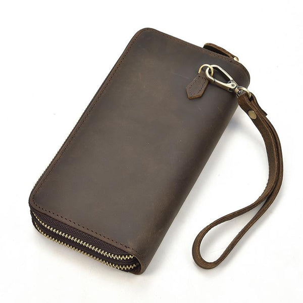 LEATHER MENS Wristlet Wallet Double Zipper Vintage Coffee Clutch FOR MEN - iwalletsmen
