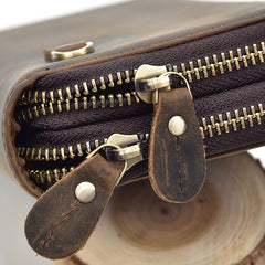 LEATHER MENS Wristlet Wallet Double Zipper Vintage Coffee Clutch FOR MEN - iwalletsmen