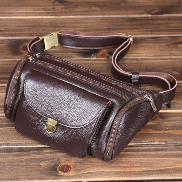 Coffee Leather Mens Fanny Packs Barrel Large Capacity Bum Bags Cool Waist Bag for Men